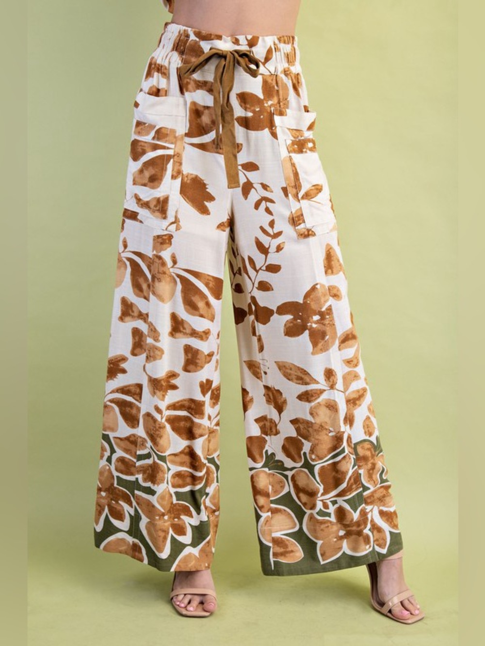 Wide Leg Floral Print Pants in Brown, Cream & Green